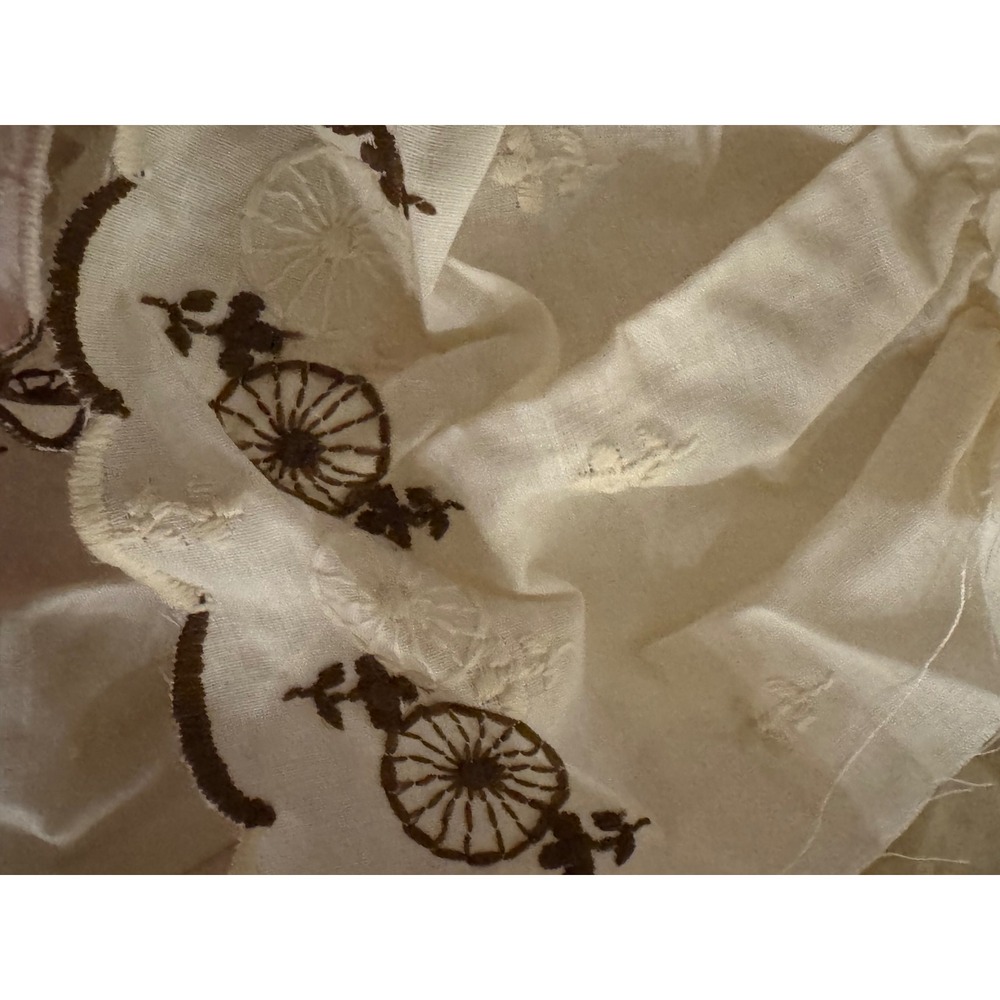 Vintage Cream Embroidered Cotton Fabric Scalloped Edge Brown Floral‎ 2.5 Yards